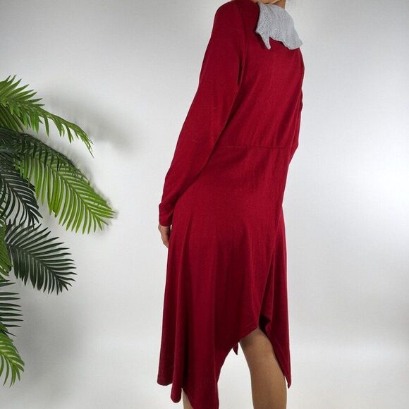 Womens Red Cottagecore Boho Irregular Hem Cowl Neck Long Sleeve Sweater Dress /M - Picture 2 of 7